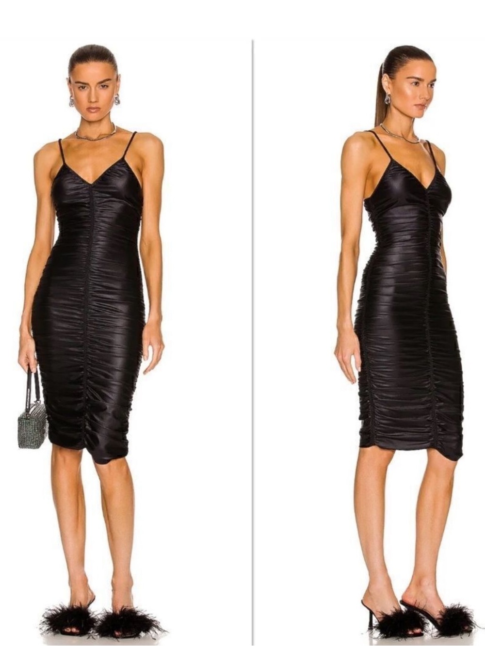 Alexander Wang Black Ruched Satin Midi Dress